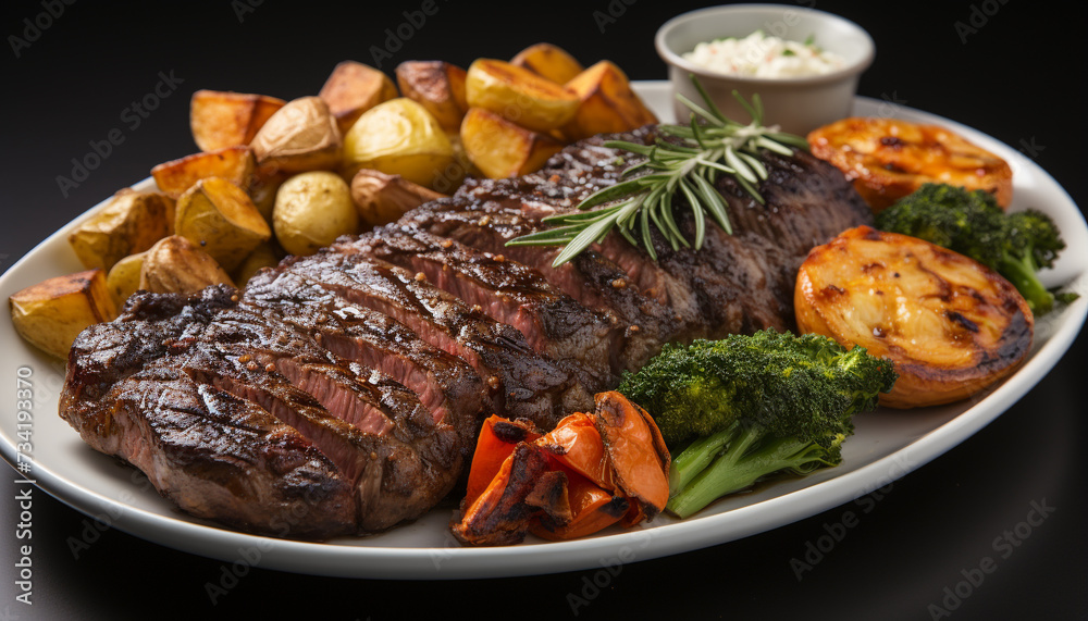 Grilled steak, beef fillet, and vegetable slice on plate generated by AI Grilled steak, beef fillet, and vegetable slice on plate generated by AI