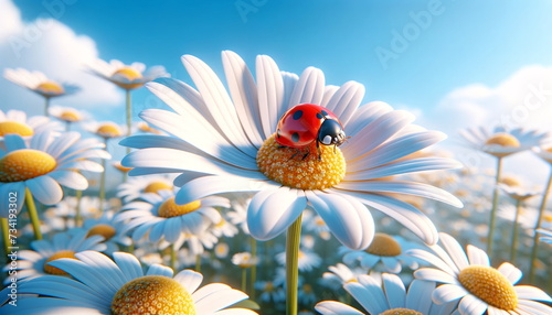 red ladybug on a chamomile flower, set against a blue sky wallpaper