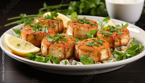 Grilled seafood fillet on fresh salad, healthy gourmet lunch generated by AI