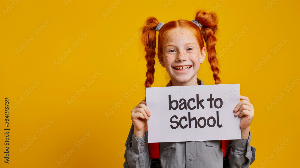 Red-haired laughing girl with pigtails - teenager holding poster - back to school on yellow background with copy space Red-haired laughing girl with pigtails - teenager holding poster - back to school on yellow background with copy space