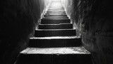 A solitary, dark staircase ascends towards a beckoning light, creating an atmosphere of mystery and hope