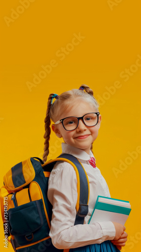 Smiling girls with pigtails in glasses with a backpack and a notepad in a school uniform on a yellow bright background, back to school, vertical poster with copy space