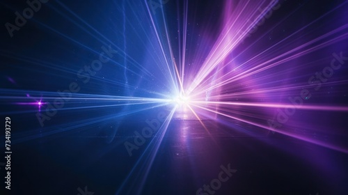 Vibrant blue and violet laser beams pierce through the darkness, creating a striking contrast on a black background