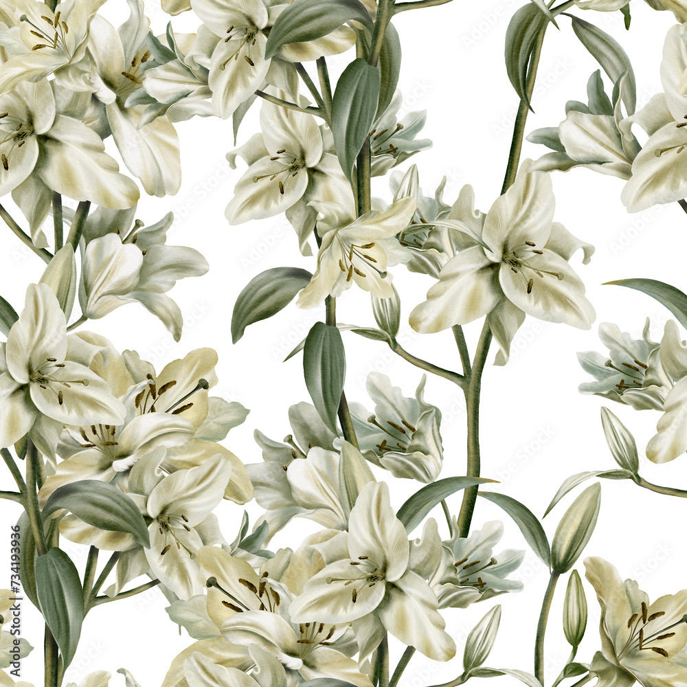 Watercolor seamless pattern of white lilies on the white background.Sage leaf color for for fabric,cards, flyers, poster, banner,stoles, wallpaper, furniture.