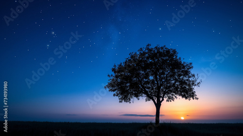 Twilight Serenity: Lone Tree Silhouette Against a Tranquil Blue Sunset Sky, with the First Stars of Night Appearing