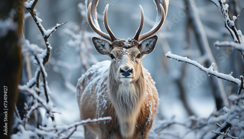 A cute deer gazes at the camera in snowy forest generated by AI