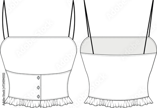 sleeveless shoulder spaghetti strappy square neck buttoned ruffled frillly blouse template technical drawing flat sketch cad mockup fashion woman design style model
