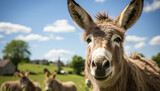 Cute donkey grazing in green meadow, nature adorable portrait generated by AI