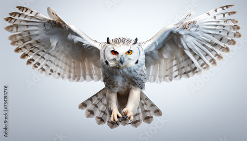 Eagle owl flying, spread wings, fierce hunter in mid air generated by AI