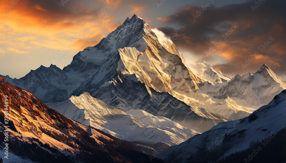Majestic mountain peak, snowcapped and bright, silhouetted against sunset generated by AI
