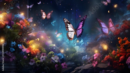 A cosmic garden with flowers that bloom in synchronized bursts of color, surrounded by butterflies made of shimmering stardust, dancing through the air