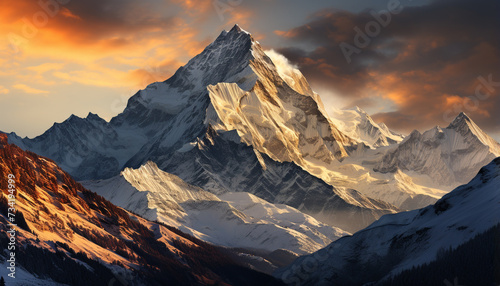 Majestic mountain peak, snowcapped and bright, silhouetted against sunset generated by AI © Gstudio