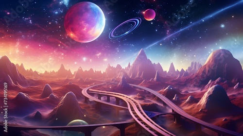 A cosmic train racing through a candy-colored galaxy, leaving trails of stardust as it travels across surreal landscapes populated by playful, bouncing planets