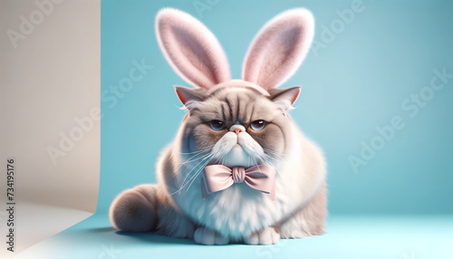 grumpy cat wearing bunny ears  set against a pastel blue background