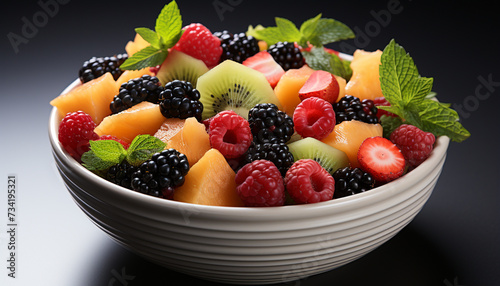 Fresh fruit salad raspberry  strawberry  blueberry  melon  grape  blackberry generated by AI
