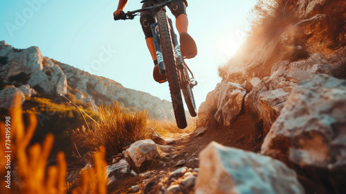 Dynamic Bike Jump: Rider Ascending Over Rough Terrain
