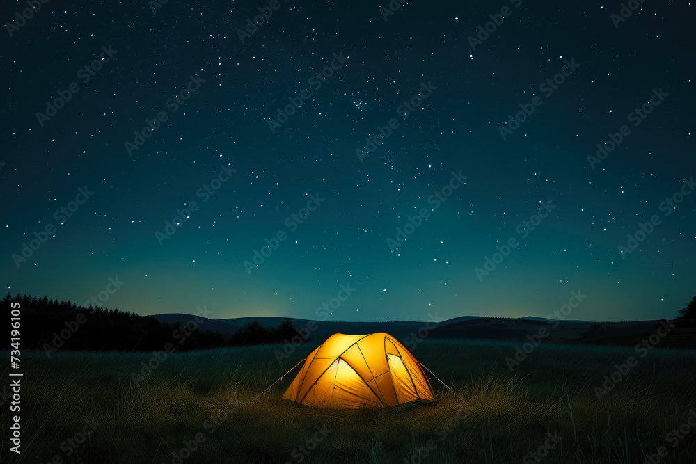 Starlit Sanctuary: Illuminated Tent on the Plains