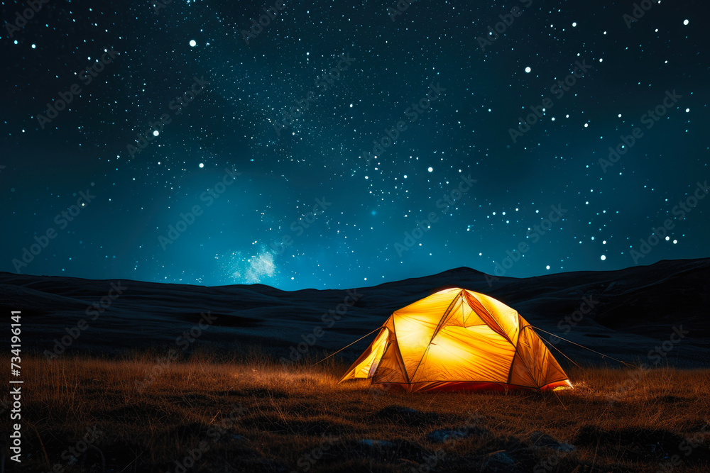 Nocturnal Oasis: Tent Lit by the Night's Radiance