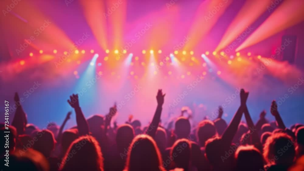 Rear back view of audience crowd people fans raising hands enjoying live music festival concert event rock band silhouettes performance sing on night club outdoor stage. 4k video blurred effect with c Rear back view of audience crowd people fans raising hands enjoying live music festival concert event rock band silhouettes performance sing on night club outdoor stage. 4k video blurred effect with c