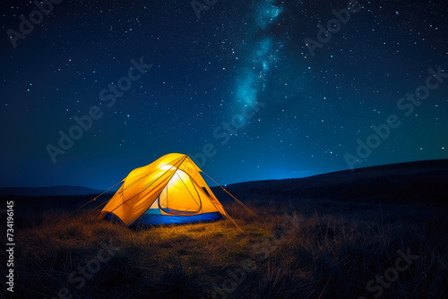 Radiant Refuge: Tent Illuminated against the Starry Backdrop