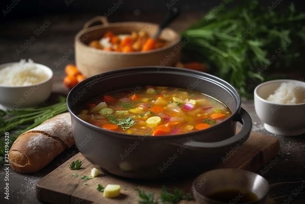 Pot of Soup with Vegetables and Bread on a Wooden Table
