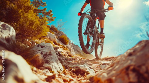 Adrenaline Rush: Cyclist in Mid-Air Over Rugged Path © Andrii 