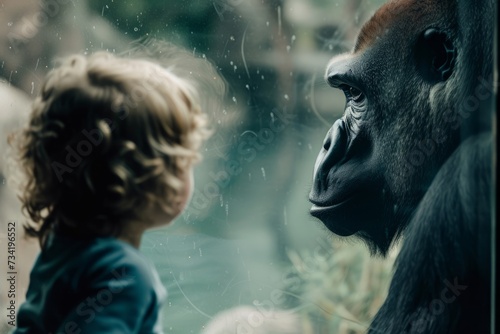 Animals in the zoo, a child looks at the gorilla through the glass