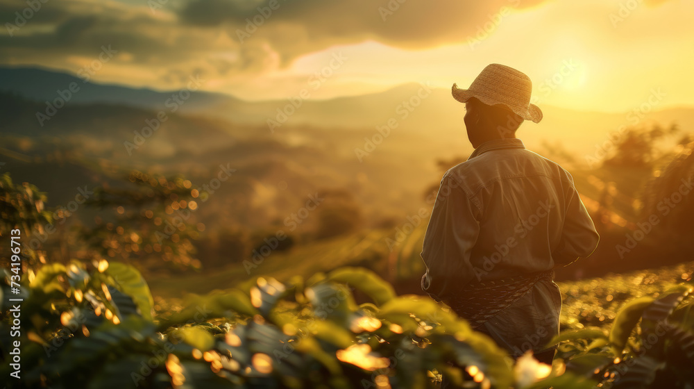 AI Generated Image: Farmer Working in Coffee Field at Sunrise AI Generated Image: Farmer Working in Coffee Field at Sunrise