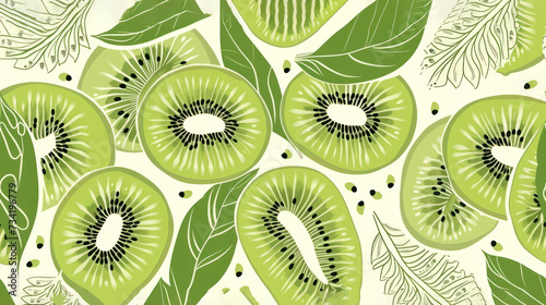  a close up of a kiwi fruit on a white background with green leaves and leaves on the sides of the image and a white background with green leaves on the sides. photo