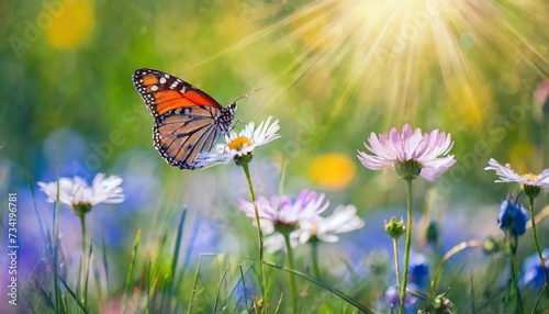 beautiful wild meadow field with bellis perennis flowers and butterfly in the rays of sunlight in summer in the spring perfect natural landscape a picturesque colorful artistic image with a soft focu © Robert