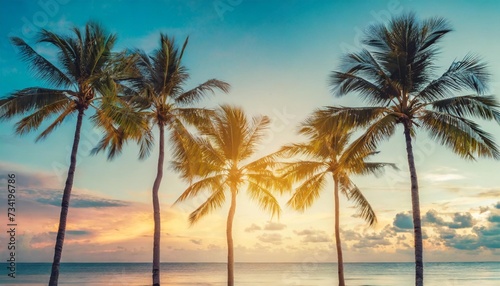 summer beach background palm trees against blue sky banner panorama travel destination tropical beach background with palm trees silhouette at sunset vintage effect meditation peaceful nature view