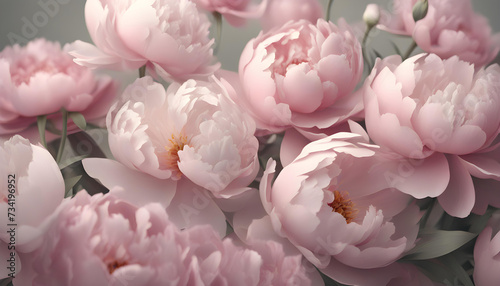 Closeup of pink Peony flowers with leaves background