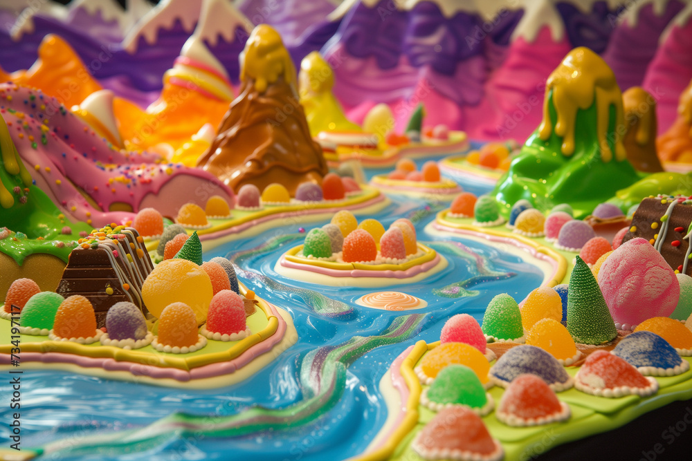 Sugar Odyssey with Candy Islands and Gelatinous Rivers in a Lush Confectionery World – Perfect for Concept Art and Sweet Themed Backgrounds