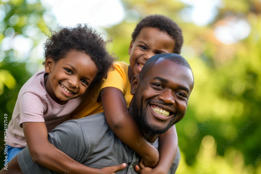 A happy black dad carries his smiling children on his back at the park, enjoying a joyful family moment under the sun A happy black dad carries his smiling children on his back at the park, enjoying a joyful family moment under the sun