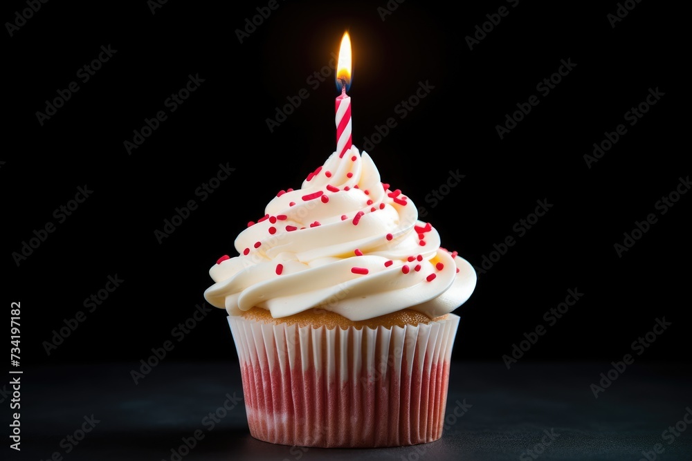 A cupcake adorned with a flickering candle, complete with a flickering candle that adds a touch of magic to the celebration, Ai generated A cupcake adorned with a flickering candle, complete with a flickering candle that adds a touch of magic to the celebration, Ai generated