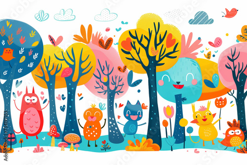 Enchanted Forest Scene with Friendly Animals and Autumnal Trees - Perfect for Children s Storybooks and Educational Materials