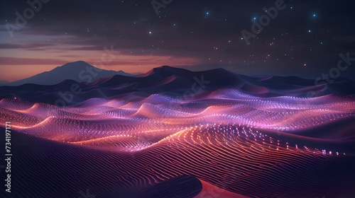 A surreal desert of pixelated sand dunes, where glitchy creatures made of neon light traverse the landscape, leaving trails of shimmering code in their wake
