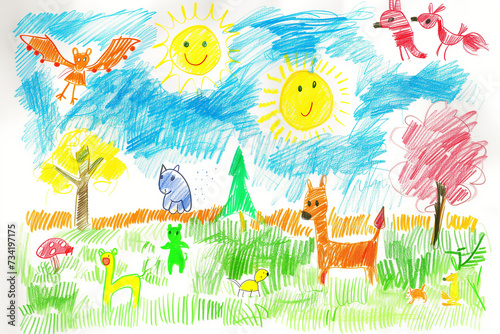 Child's Crayon Drawing of a Sunny Day with Smiling Sun, Animals, and Nature – Perfect for Preschool and Kindergarten Themes