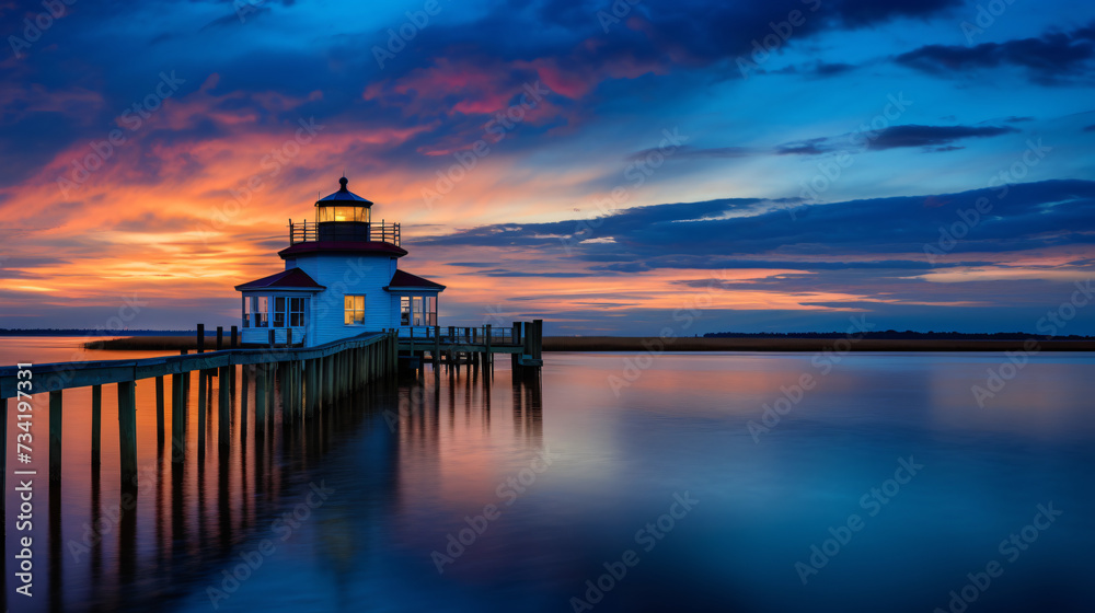  Blue hour sunset over Roanoke Marshes Lighthouse