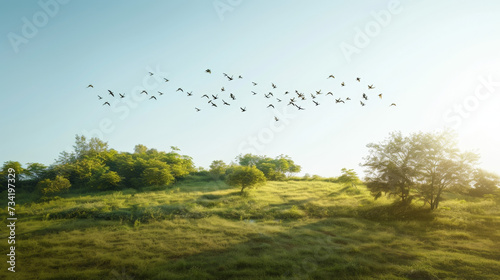 AI Generated Image: Flock of Birds Flying Over Green Field