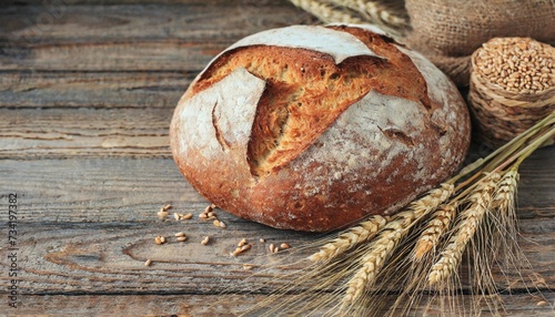 freshly baked homemade sourdough bread with crispy crust and ears of rye and wheat on an old wooden background with place for text modern bakery concept top view healthy natural food