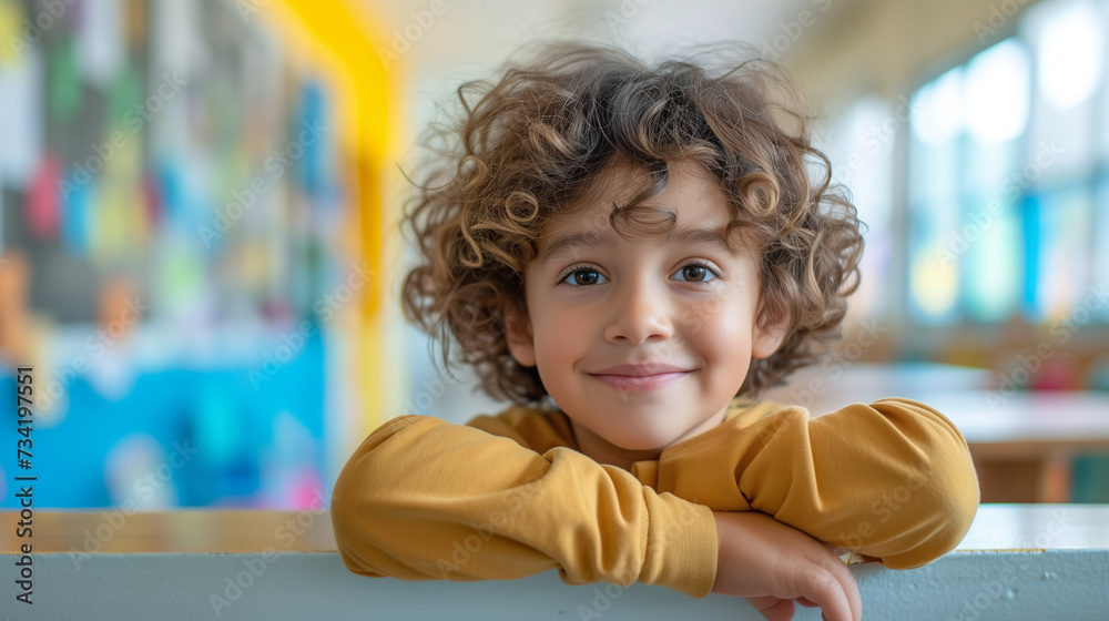 School portrait of a young happy boy smiling in a classroom School portrait of a young happy boy smiling in a classroom
