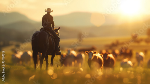 AI Generated Image: Rancher Working in Field on Horseback Herding Cattle at Sunrise