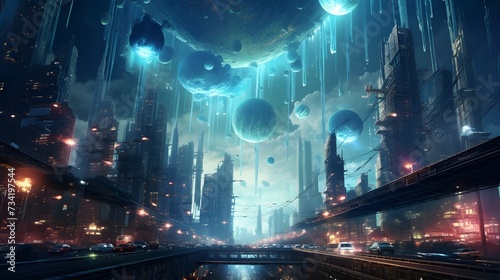 A vibrant cityscape of upside-down skyscrapers, with gravity-defying vehicles navigating the surreal streets above, against a backdrop of swirling nebulae