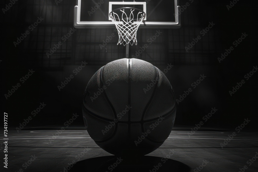 black and white photo of basketball center on center - obrazy, fototapety, plakaty 