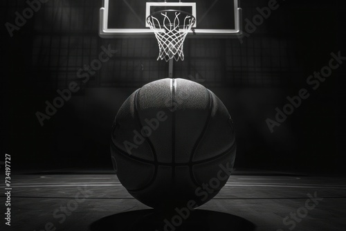 black and white photo of basketball center on center