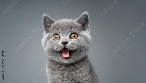 studio portrait of blue british shorthair kitten looking at camera with mouth open on gray background with copy space for advertisement