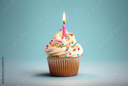 A cupcake adorned with a flickering candle, Cupcake adorned with a single flickering candle, Ai generated