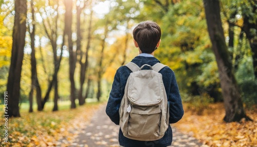 teenager boy with backpack walking on path in autumn park active lifestyle back to school student boy in fall forest people from behind