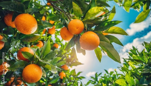 ripe orange fruits on orange tree between lush foliage view from below